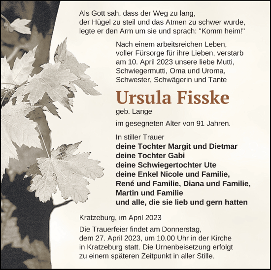 Traueranzeige von Ursula Fisske von Strelitzer Zeitung