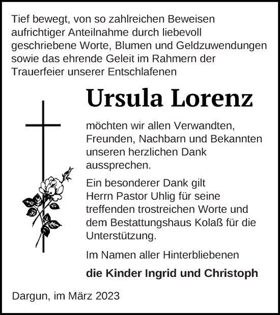 Traueranzeige von Ursula Lorenz von Mecklenburger Schweiz