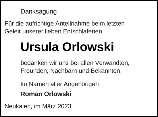 Traueranzeige von Ursula Orlowski von Mecklenburger Schweiz