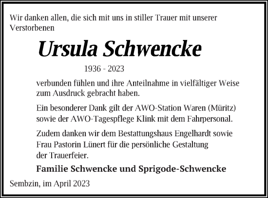 Traueranzeige von Ursula Schwencke von Müritz-Zeitung