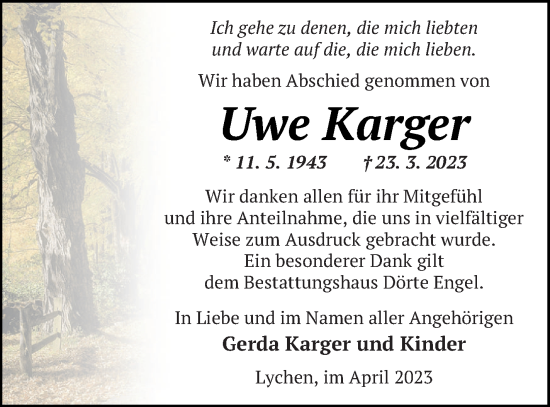 Traueranzeige von Uwe Karger von Templiner Zeitung