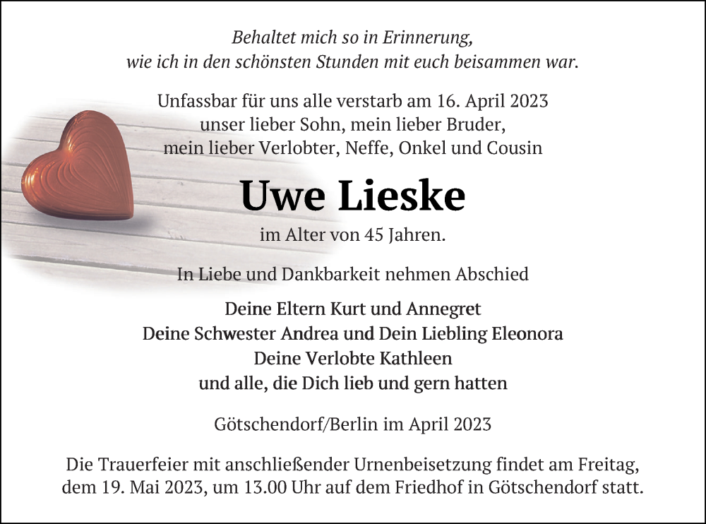  Traueranzeige für Uwe Lieske vom 21.04.2023 aus Templiner Zeitung