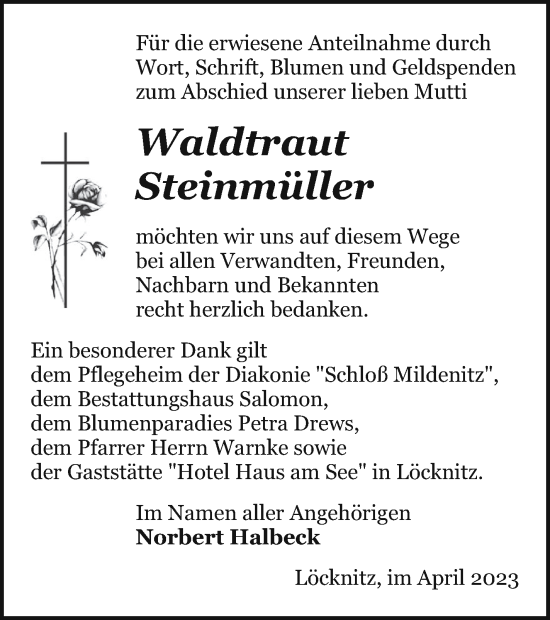 Traueranzeige von Waldtraut Steinmüller von Pasewalker Zeitung