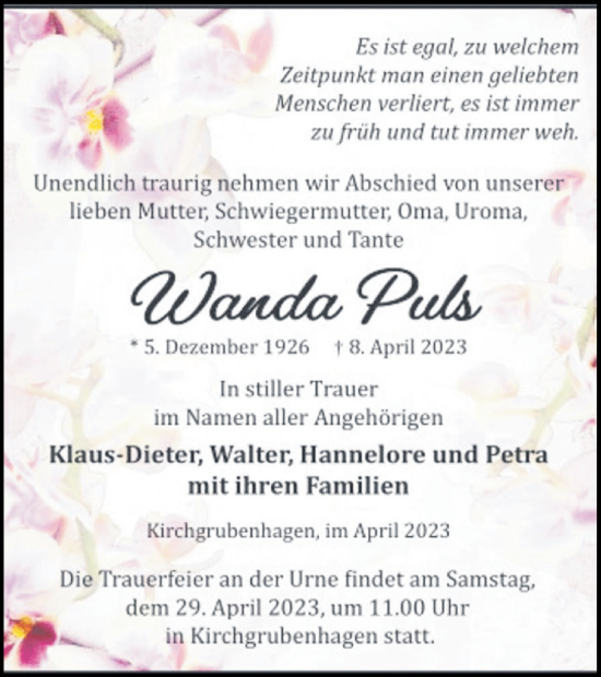 Traueranzeige von Wanda Puls von Müritz-Zeitung