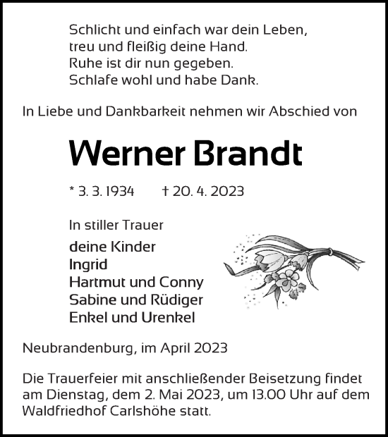 Traueranzeige von Werner Brandt von Neubrandenburger Zeitung