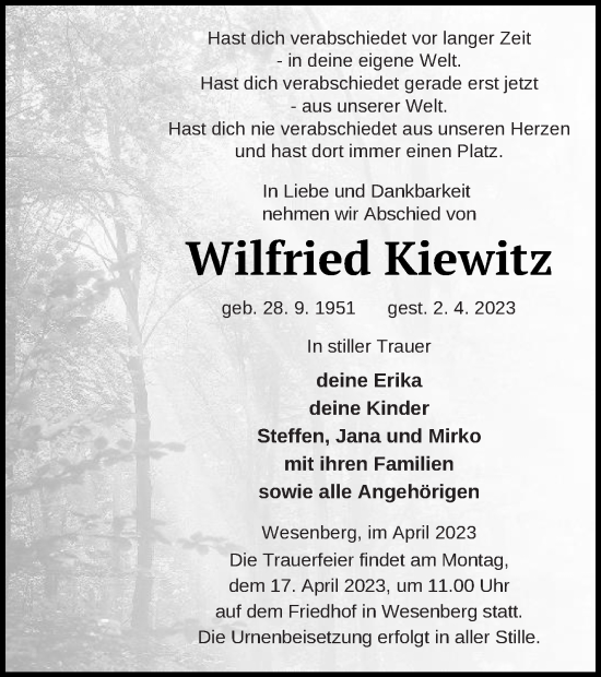 Traueranzeige von Wilfried Kiewitz von Strelitzer Zeitung