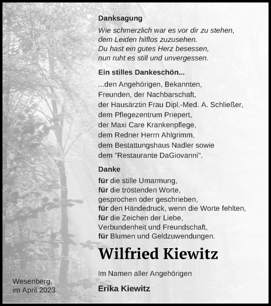 Traueranzeige von Wilfried Kiewitz von Strelitzer Zeitung