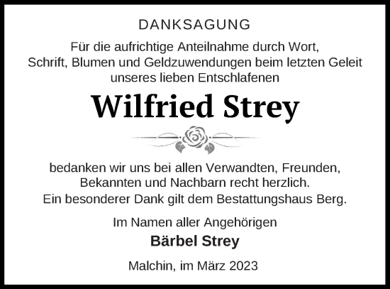 Traueranzeige von Wilfried Strey von Mecklenburger Schweiz