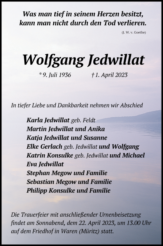 Traueranzeige von Wolfgang Jedwillat von Müritz-Zeitung