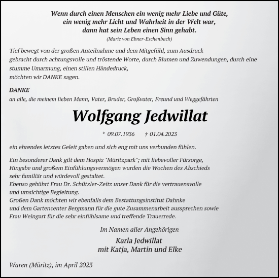 Traueranzeige von Wolfgang Jedwillat von Müritz-Zeitung