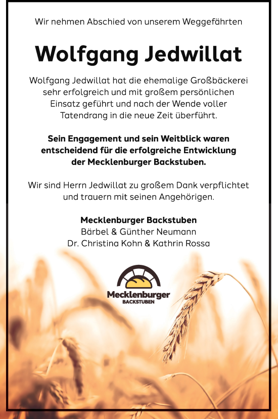 Traueranzeige von Wolfgang Jedwillat von Müritz-Zeitung