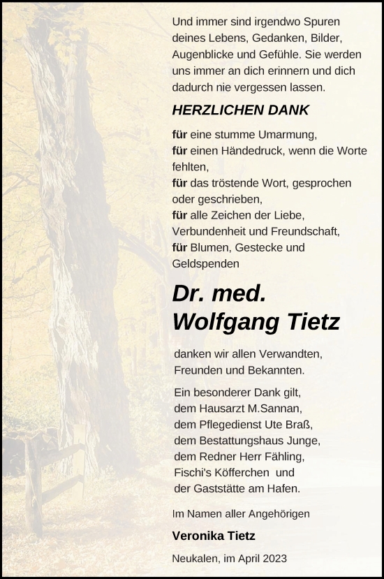 Traueranzeige von Wolfgang Tietz von Mecklenburger Schweiz