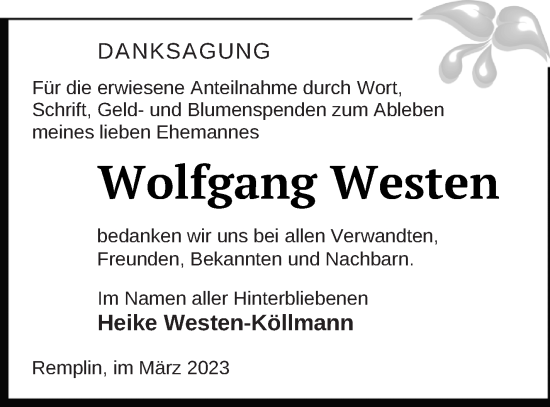 Traueranzeige von Wolfgang Westen von Mecklenburger Schweiz