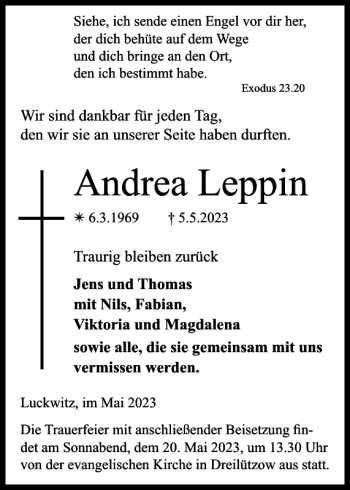 Traueranzeige von Andrea Leppin von Hagenower Kreisblatt