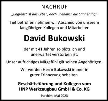 Traueranzeige von David Bukowski von Parchimer Zeitung