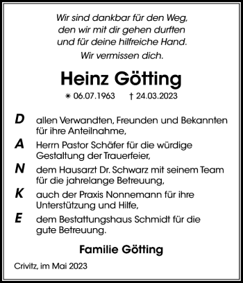 Traueranzeige von Heinz Götting von Zeitung für die Landeshauptstadt