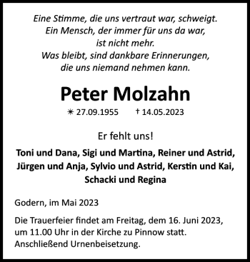 Traueranzeige von Peter Molzahn von Zeitung für die Landeshauptstadt