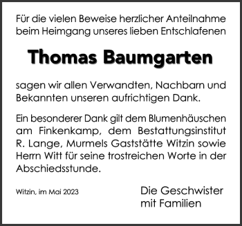 Traueranzeige von Thomas Baumgarten von Anzeiger für Sternberg - Brüel - Warin