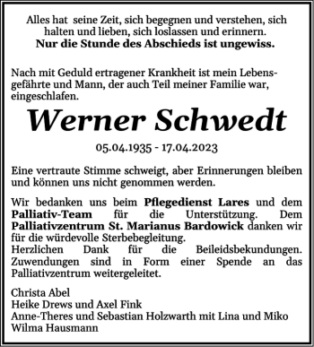 Traueranzeige von Werner Schwedt von Hagenower Kreisblatt