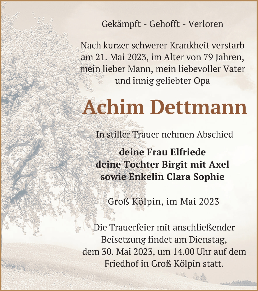  Traueranzeige für Achim Dettmann vom 25.05.2023 aus Templiner Zeitung