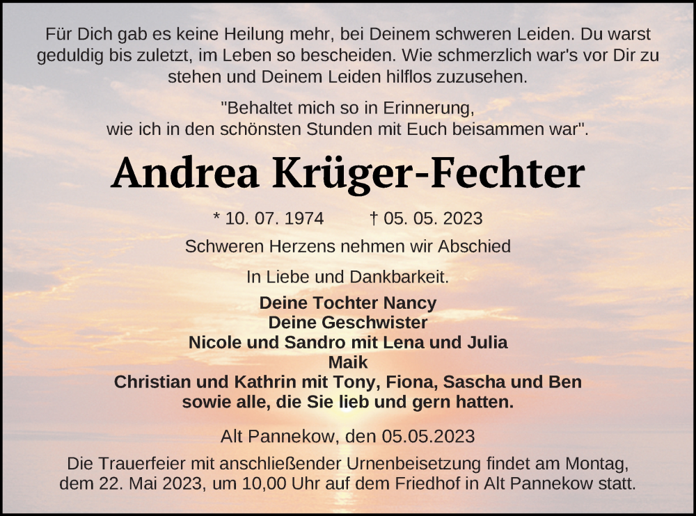  Traueranzeige für Andrea Krüger-Fechter vom 17.05.2023 aus Mecklenburger Schweiz