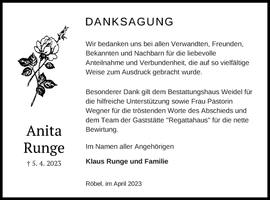 Traueranzeige von Anita Runge von Müritz-Zeitung