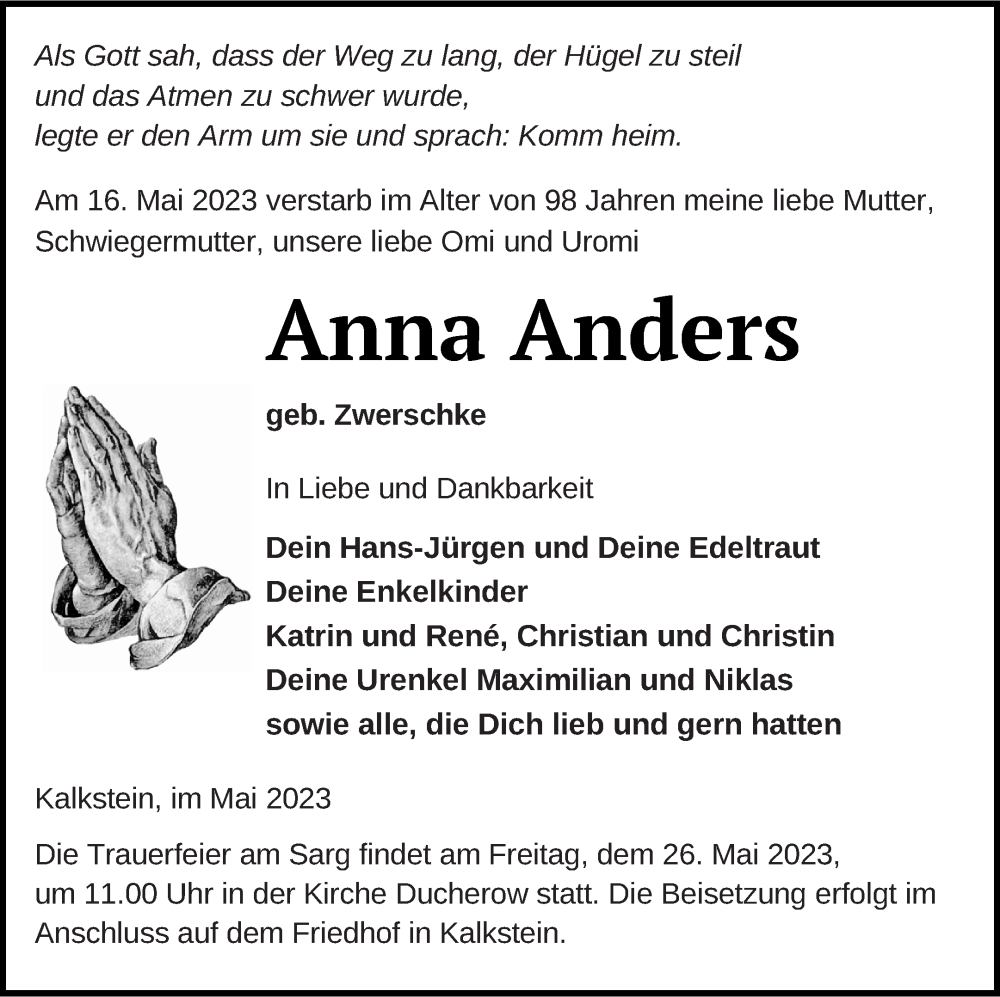  Traueranzeige für Anna Anders vom 20.05.2023 aus Vorpommern Kurier