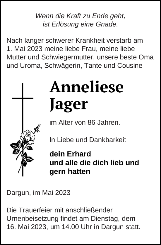 Traueranzeige von Anneliese Jager von Mecklenburger Schweiz