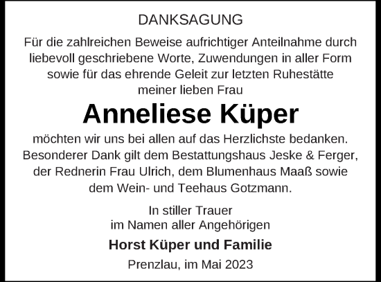 Traueranzeige von Anneliese Küper von Prenzlauer Zeitung