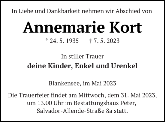 Traueranzeige von Annemarie Kort von Strelitzer Zeitung