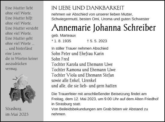 Traueranzeige von Annemarie Johanna Schreiber von Pasewalker Zeitung