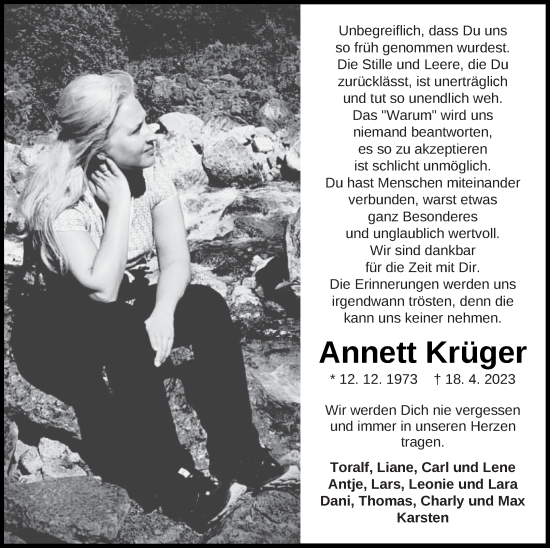 Traueranzeige von Annett Krüger von Strelitzer Zeitung