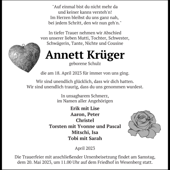 Traueranzeige von Annett Krüger von Strelitzer Zeitung