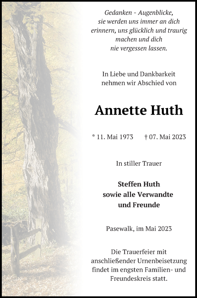  Traueranzeige für Annette Huth vom 11.05.2023 aus Haff-Zeitung