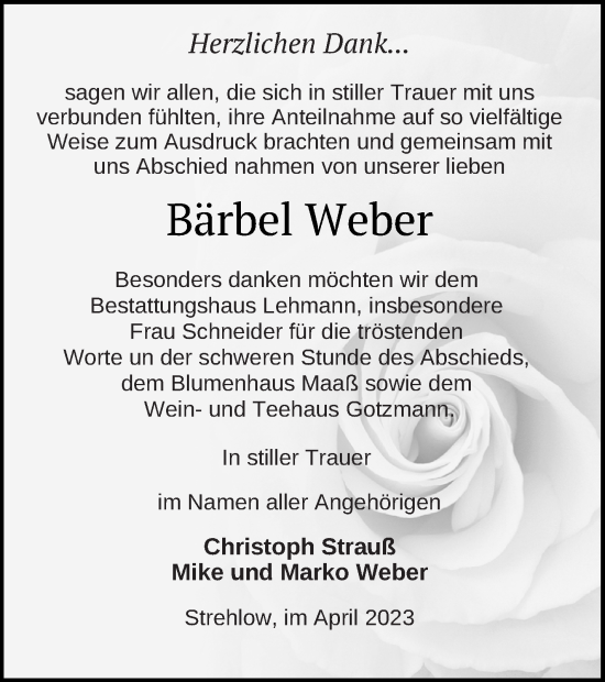 Traueranzeige von Bärbel Weber von Prenzlauer Zeitung