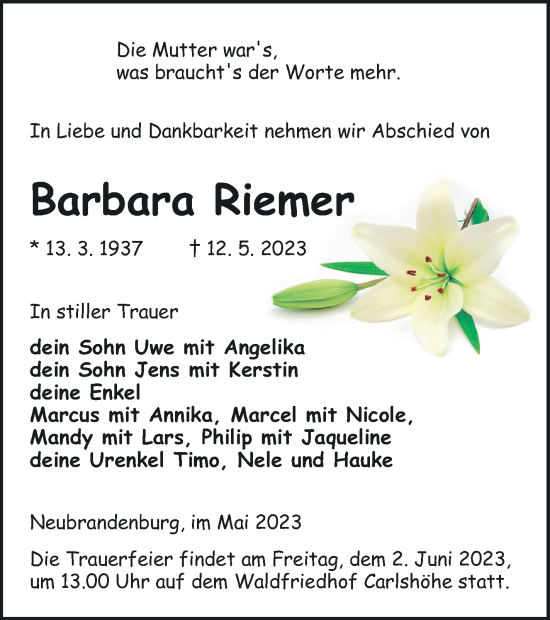 Traueranzeige von Barbara Riemer von Neubrandenburger Zeitung