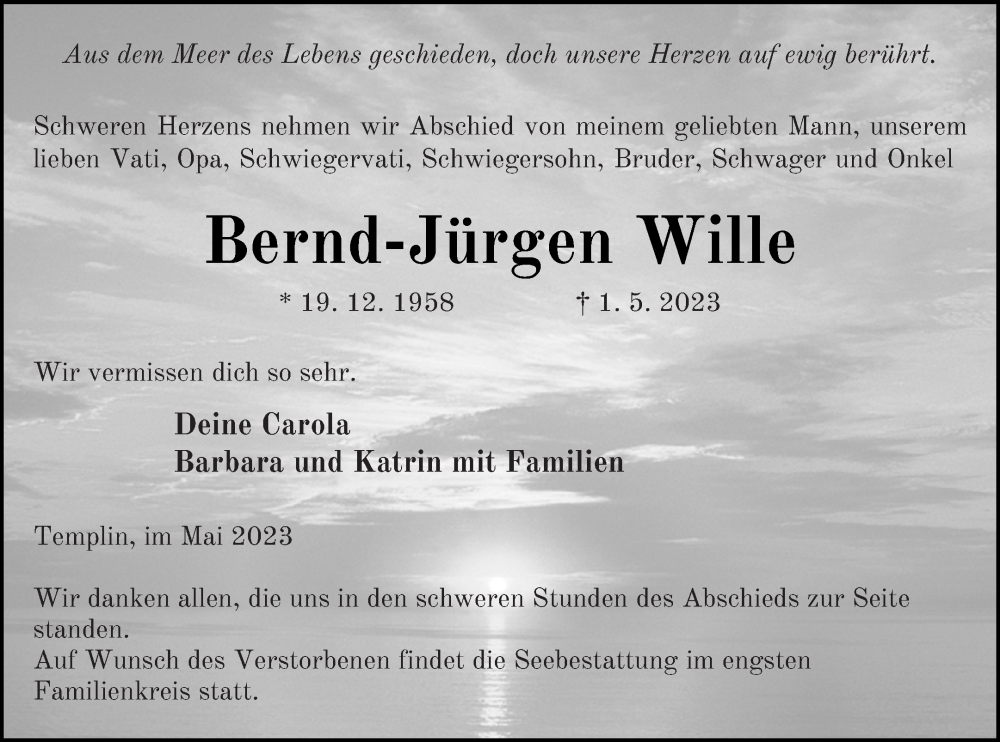  Traueranzeige für Bernd-Jürgen Wille vom 12.05.2023 aus Templiner Zeitung
