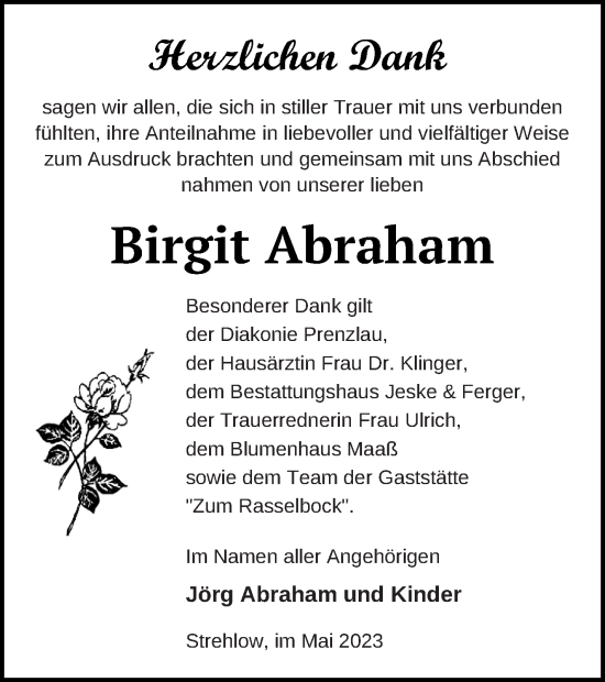 Traueranzeige von Birgit Abraham von Prenzlauer Zeitung