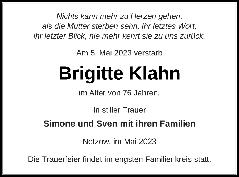  Traueranzeige für Brigitte Klahn vom 13.05.2023 aus Templiner Zeitung