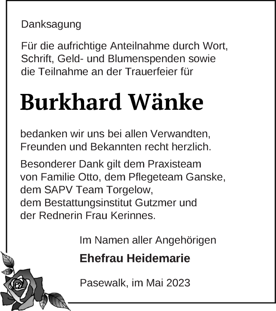  Traueranzeige für Burkhard Wänke vom 27.05.2023 aus Pasewalker Zeitung