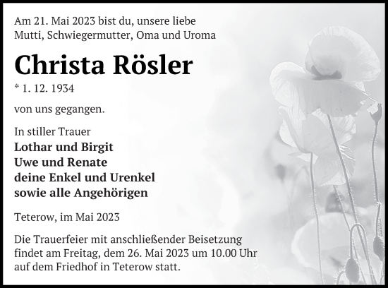 Traueranzeige von Christa Rösler von Mecklenburger Schweiz