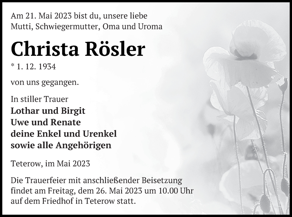  Traueranzeige für Christa Rösler vom 24.05.2023 aus Mecklenburger Schweiz