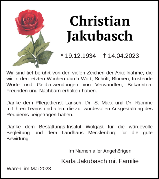 Traueranzeige von Christian Jakubasch von Müritz-Zeitung