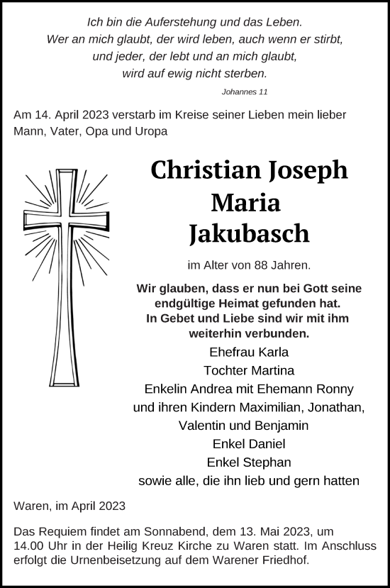 Traueranzeige von Christian Joseph Maria Jakubasch von Müritz-Zeitung