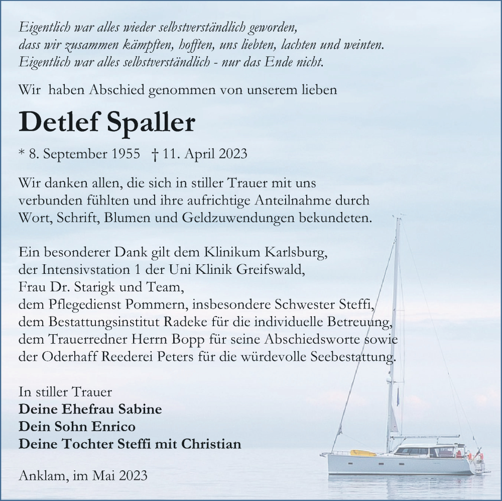  Traueranzeige für Detlef Spaller vom 13.05.2023 aus Vorpommern Kurier
