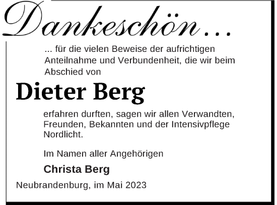 Traueranzeige von Dieter Berg von Neubrandenburger Zeitung