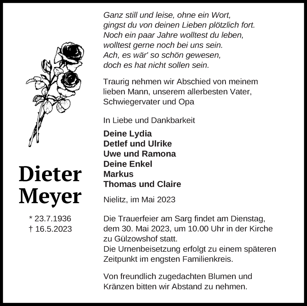  Traueranzeige für Dieter Meyer vom 24.05.2023 aus Vorpommern Kurier