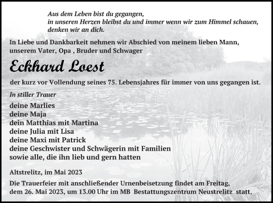 Traueranzeige von Eckhard Loest von Strelitzer Zeitung