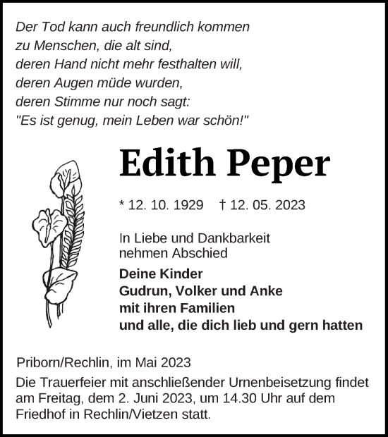 Traueranzeige von Edith Peper von Müritz-Zeitung