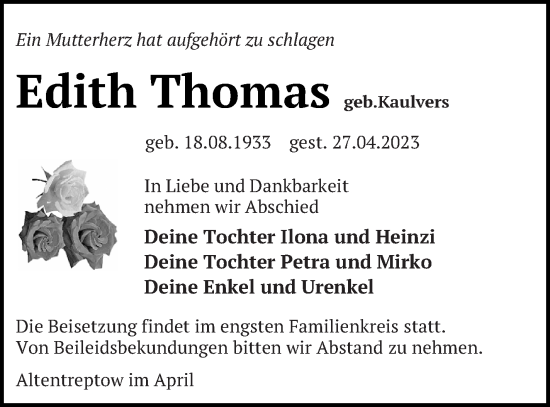 Traueranzeige von Edith Thomas von Neubrandenburger Zeitung